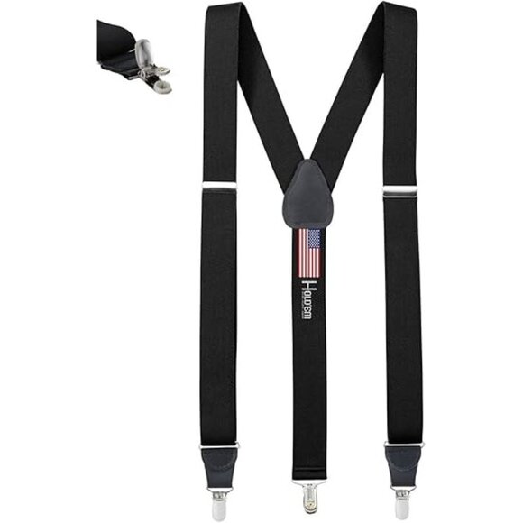 HOLD'EM Mens Elastic No Slip Pin Clip Y Back Suspenders With Leather Trim- Black - Picture 1 of 6